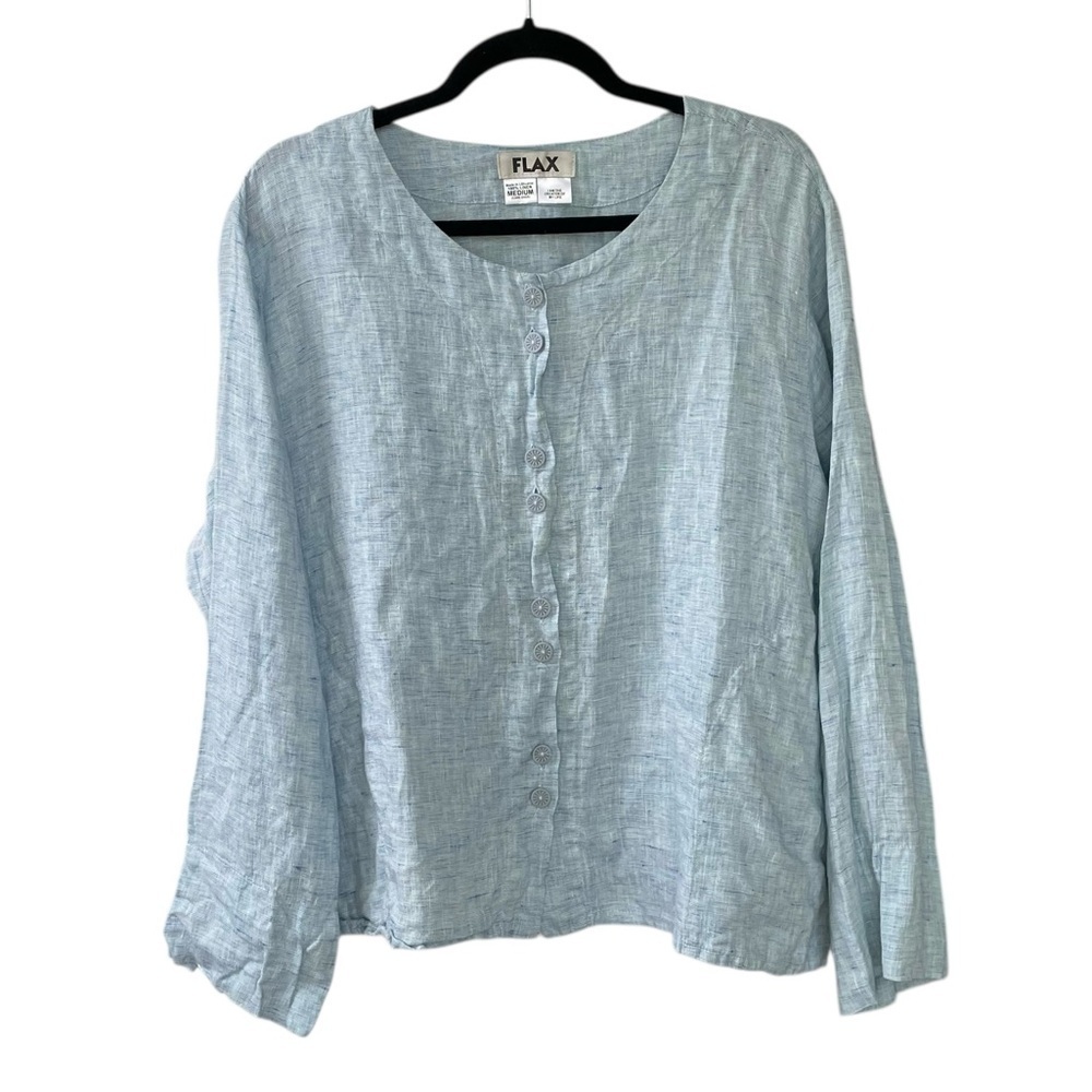 FLAX Linen Oversized Button Front Blouse Blue M